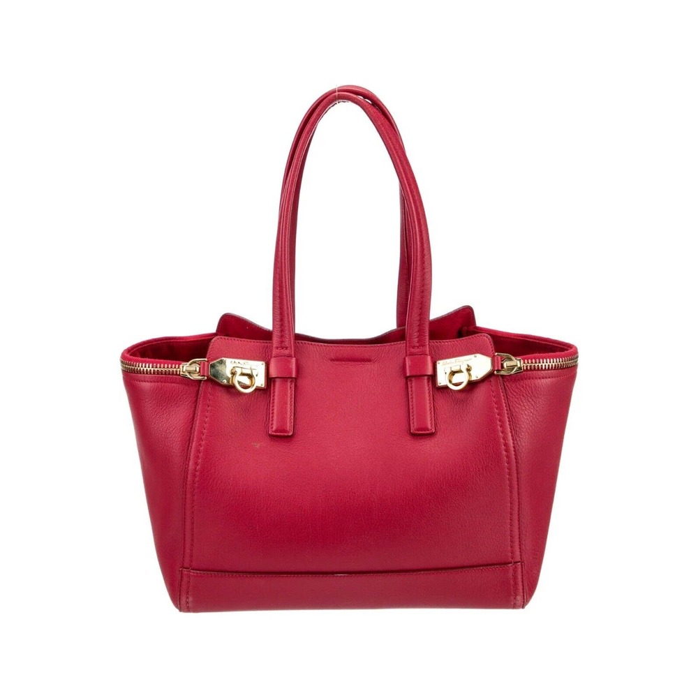 Salvatore Ferragamo Verve Red Leather Shoulder Bag Tote Medium